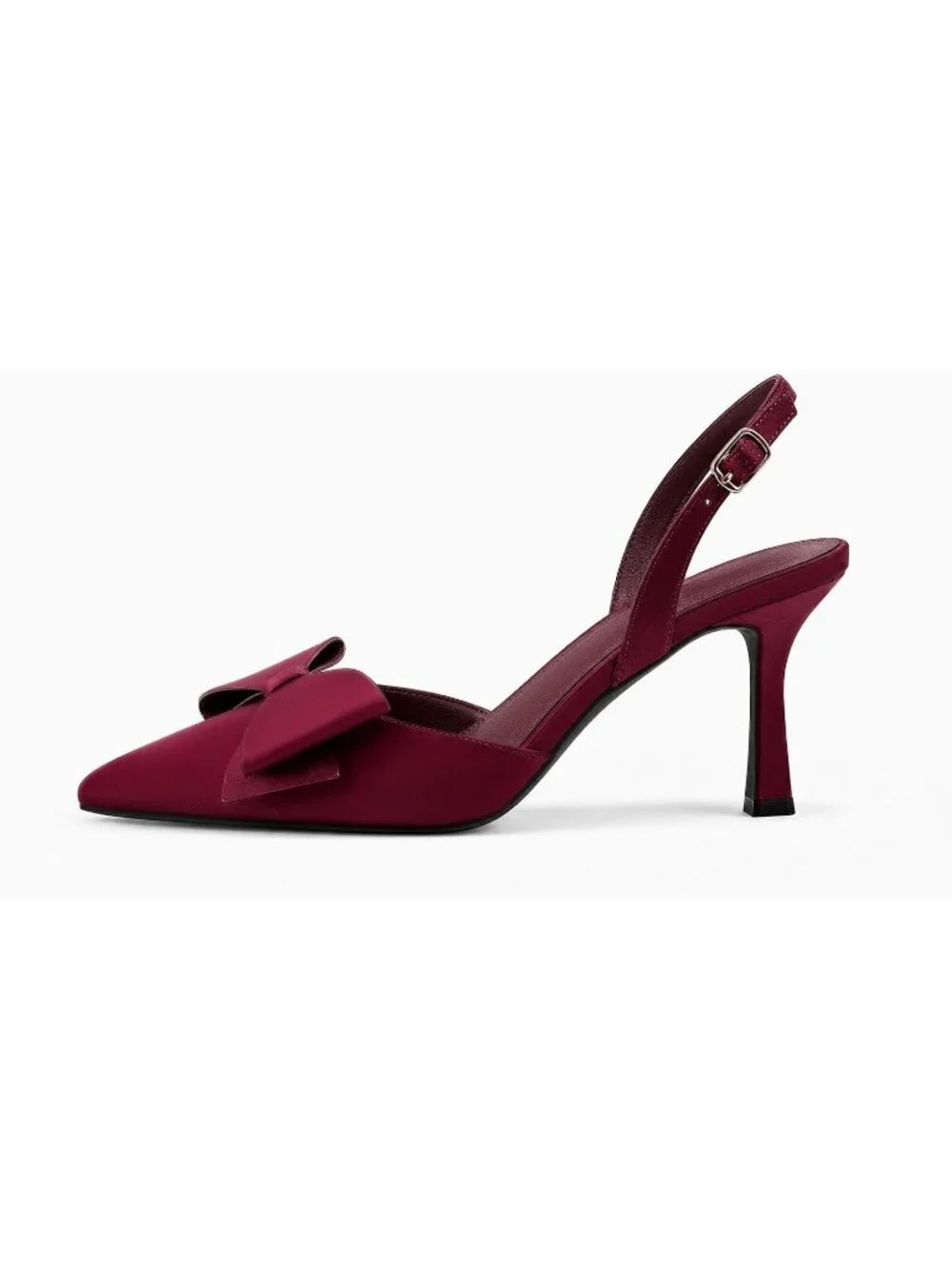 Women's Burgundy Rubber Satin Bow Slingback Kitten Heel Closed Pointed Toe Pumps